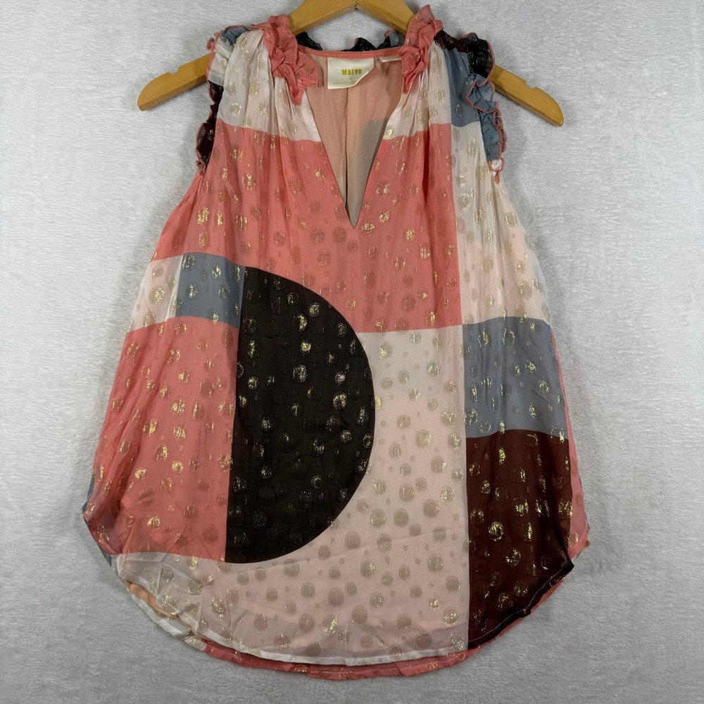 Maeve Anthropologie Metallic Gold Polka Dot Colorblock V-Neck Blouse Pink Sz 0